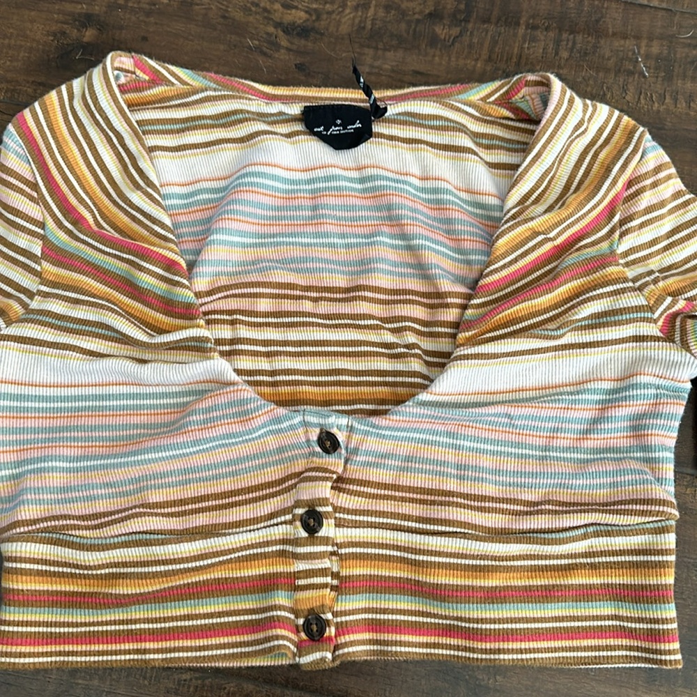 Striped Ribbed Button-Front Crop Top - Multi - Picture 2 of 3